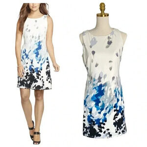 AMERICAN LIVING | Off-White Blue Gray Watercolor Print Midi Sheath Dress Size 8